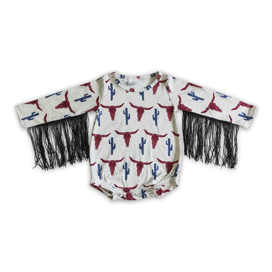Cow cactus long sleeves tassels baby western romper