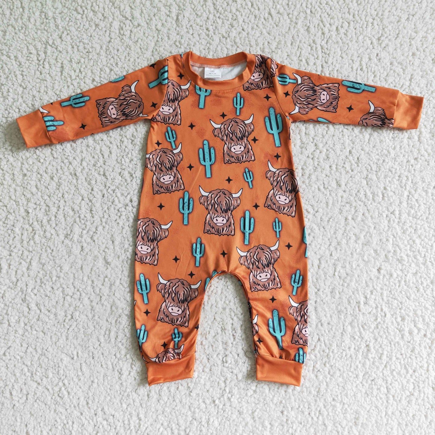 Highland cow cactus long sleeve brown kids boy romper