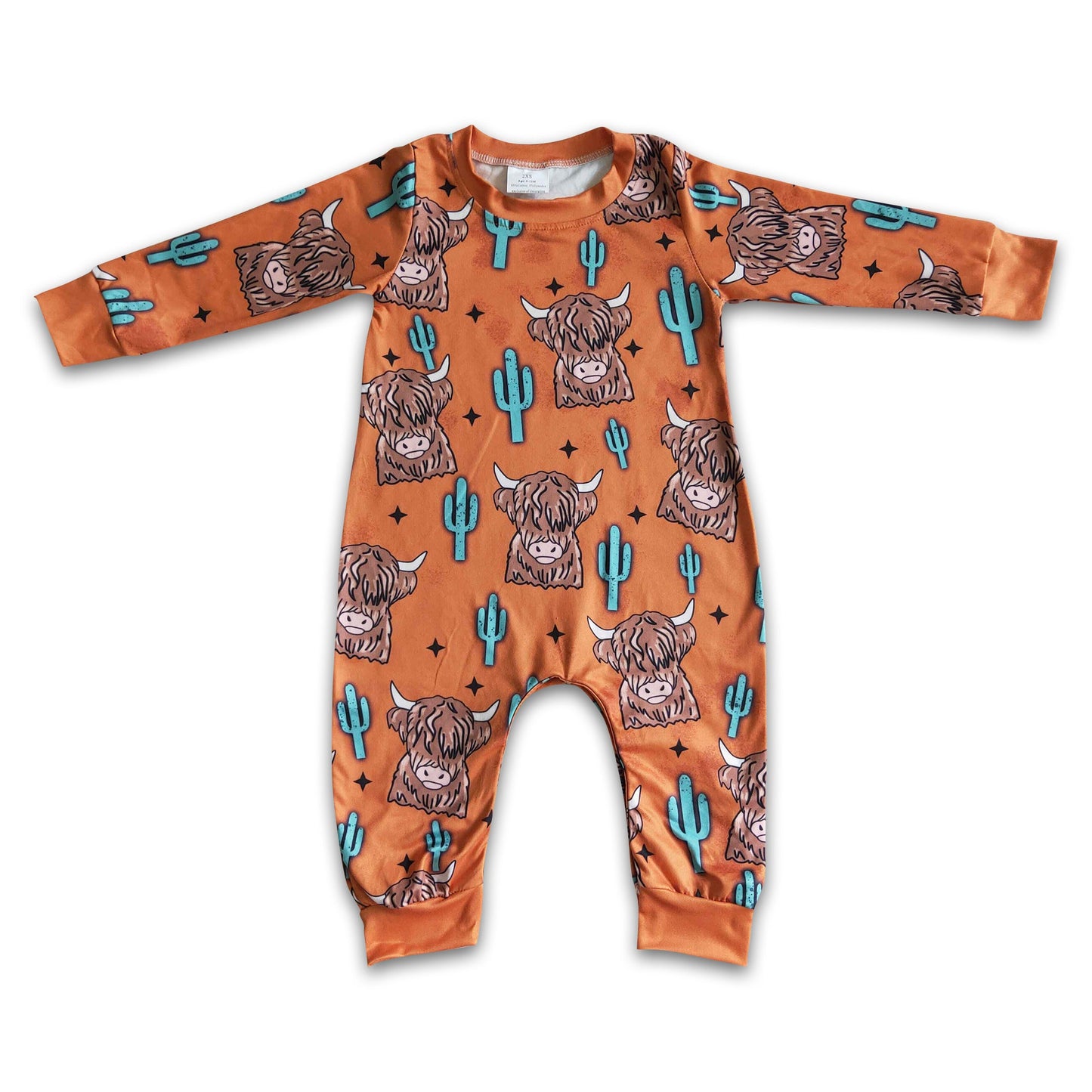 Highland cow cactus long sleeve brown kids boy romper