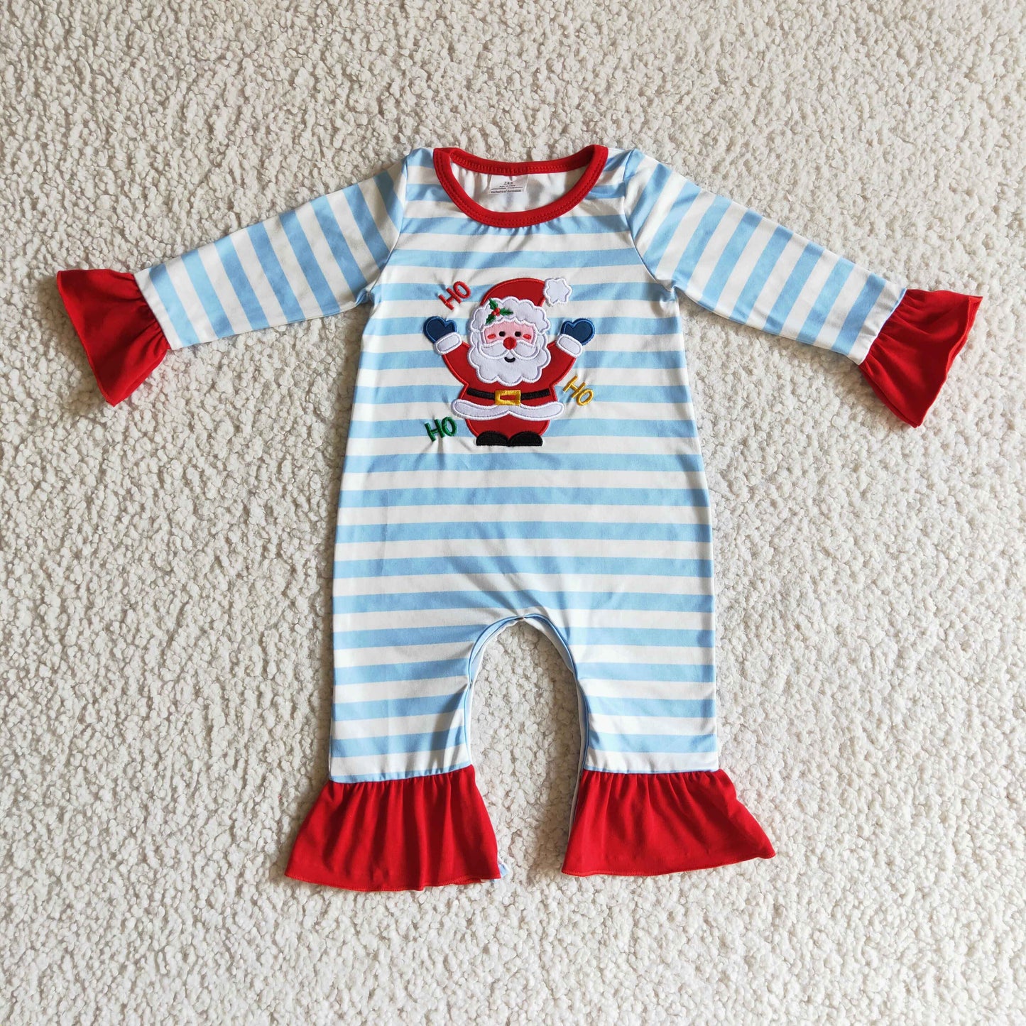 Ho ho ho santa embroidery stripe baby girls romper