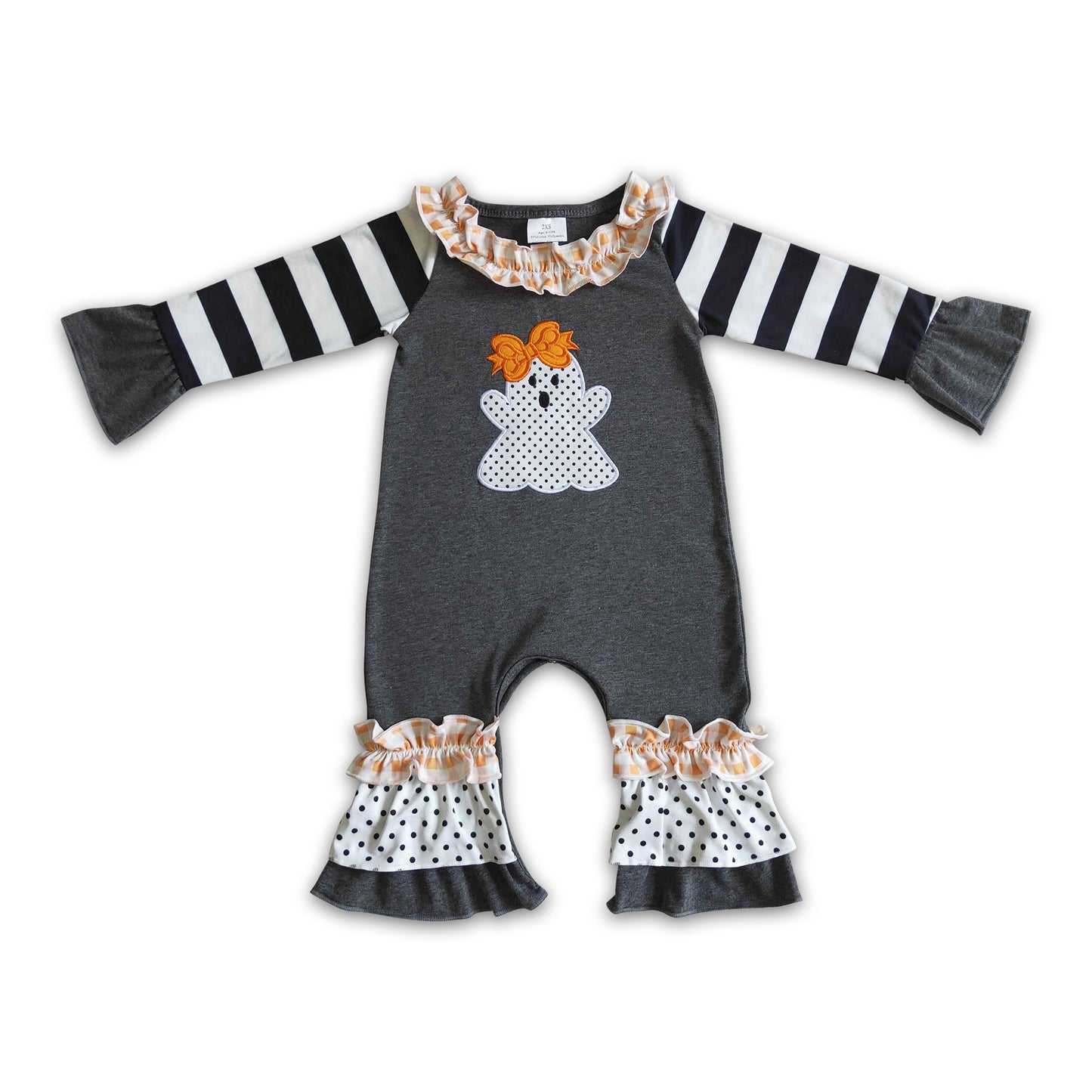 Black ghost stripe polka dots  baby Halloween romper