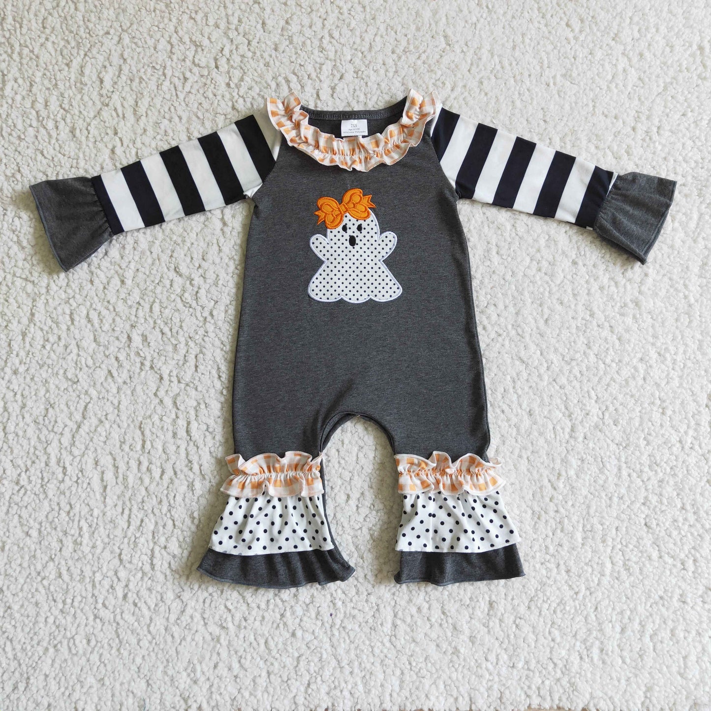 Black ghost stripe polka dots  baby Halloween romper