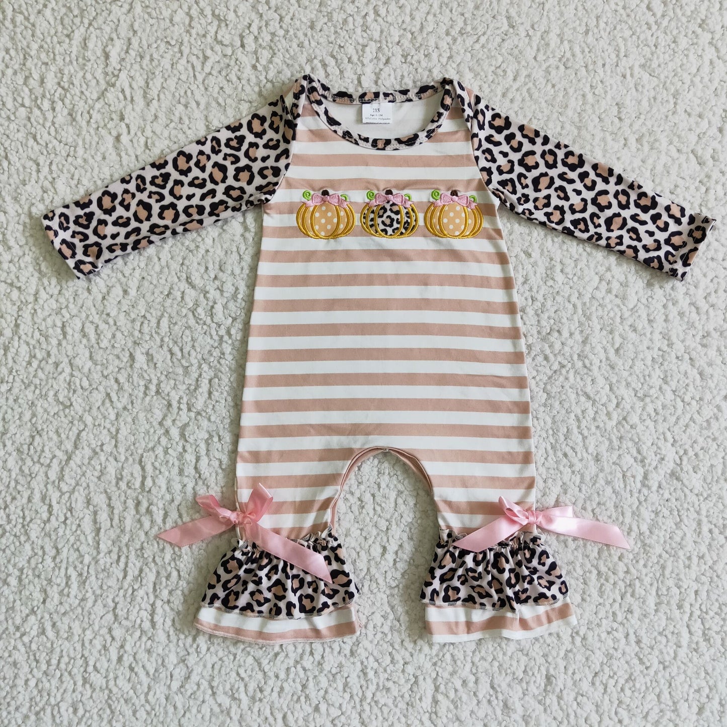 Leopard stripe pumpkin baby girls fall romper