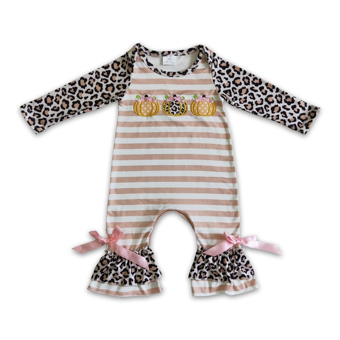 Leopard stripe pumpkin baby girls fall romper