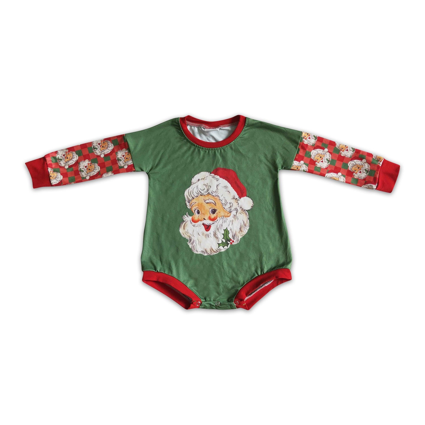 Green plaid santa baby Christmas romper