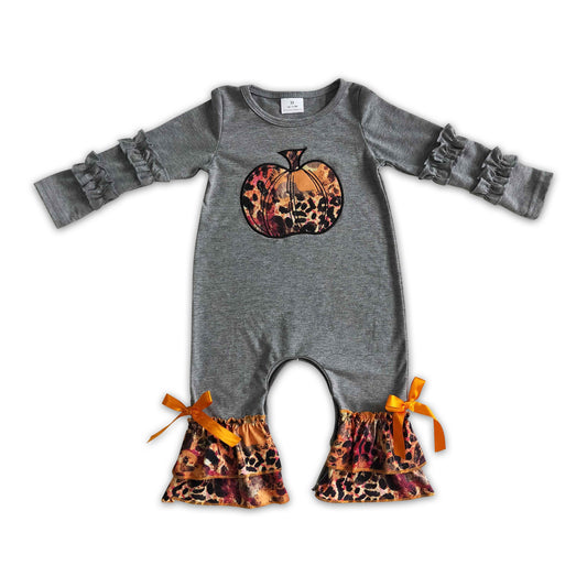 Grey cotton pumpkin leopard baby girls fall romper