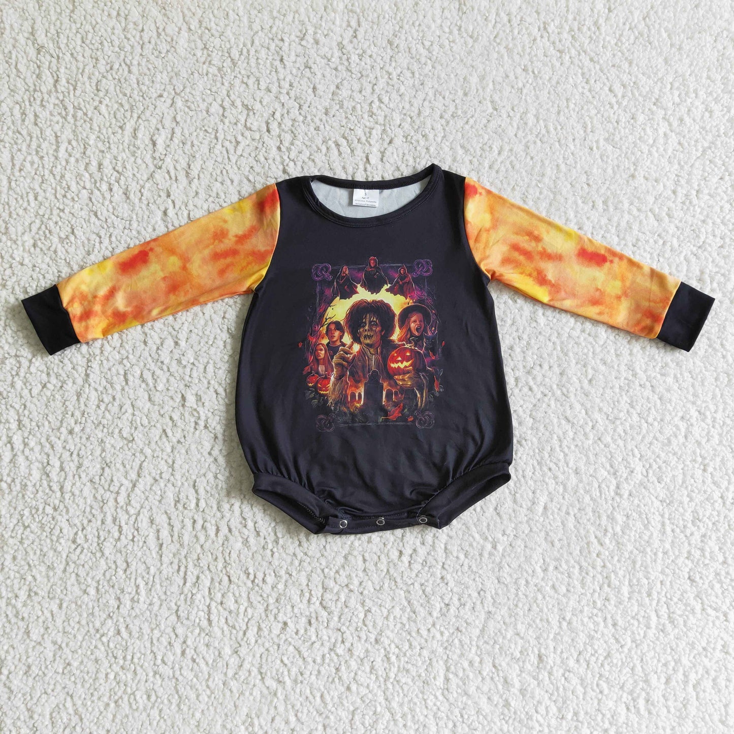 Yellow tie dye sleeves pumpkin baby girls Halloween rompers