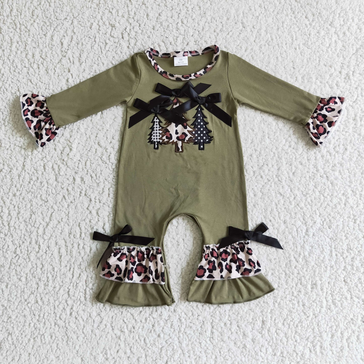 Christmas tree embroidery olive cotton baby Christmas romper