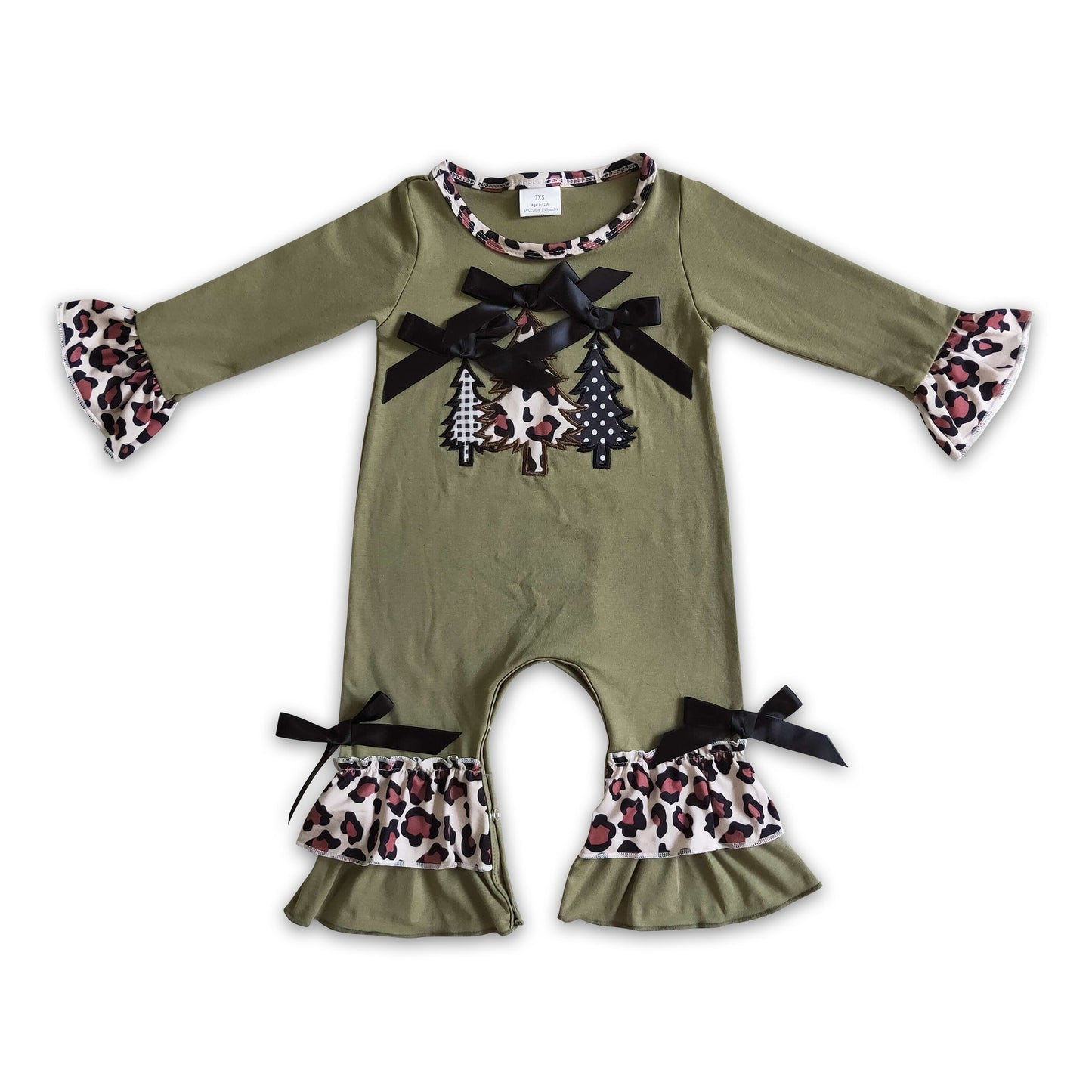 Christmas tree embroidery olive cotton baby Christmas romper