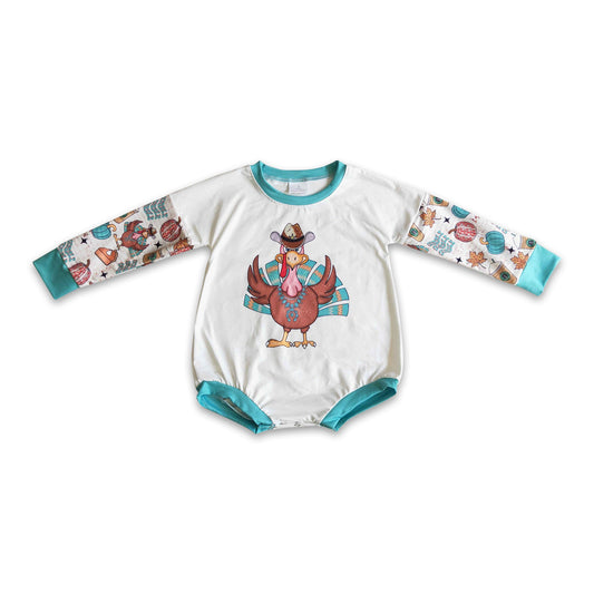 Turquoise turkey baby girls western Thanksgiving romper