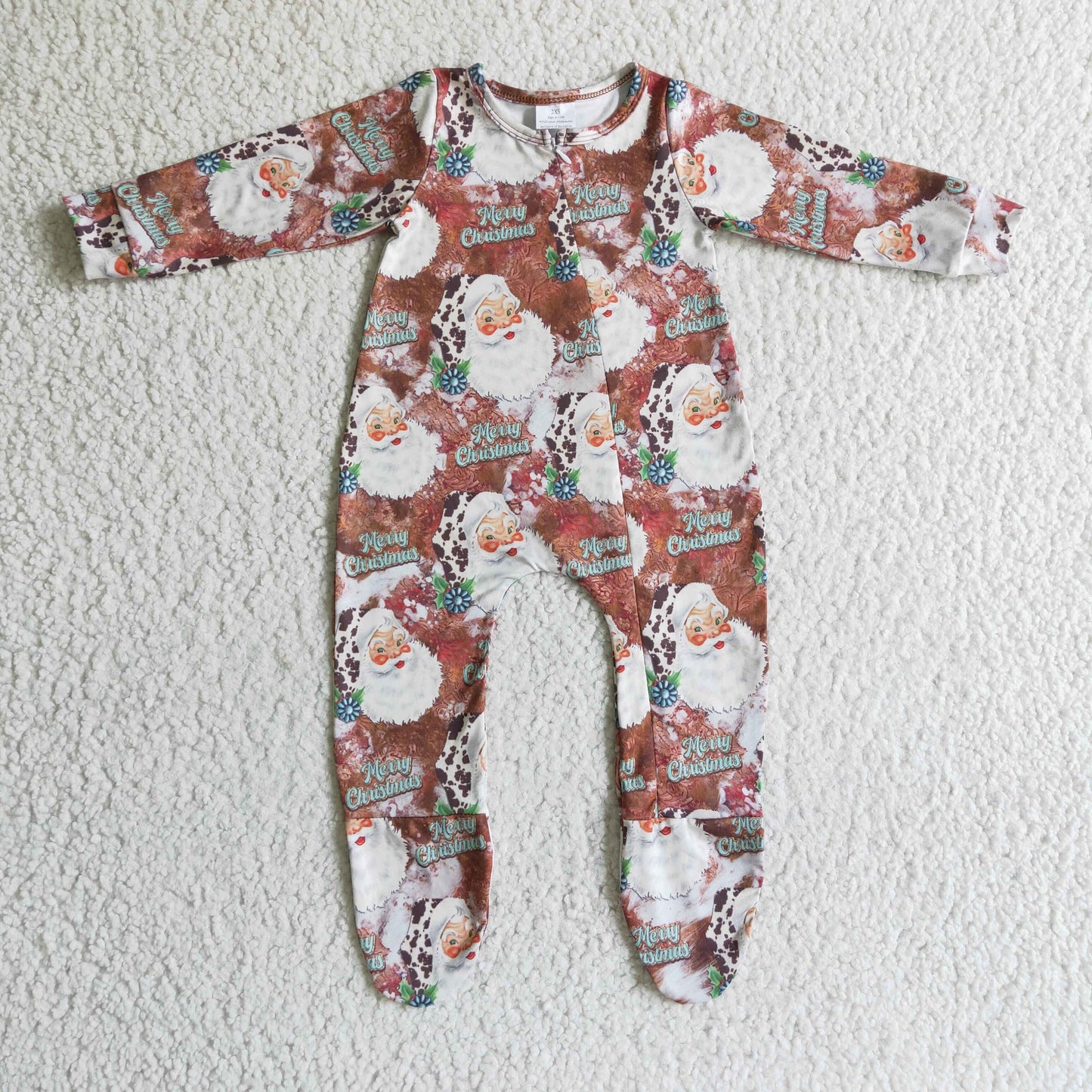 Cow turquoise santa baby Christmas zipper footed coverall