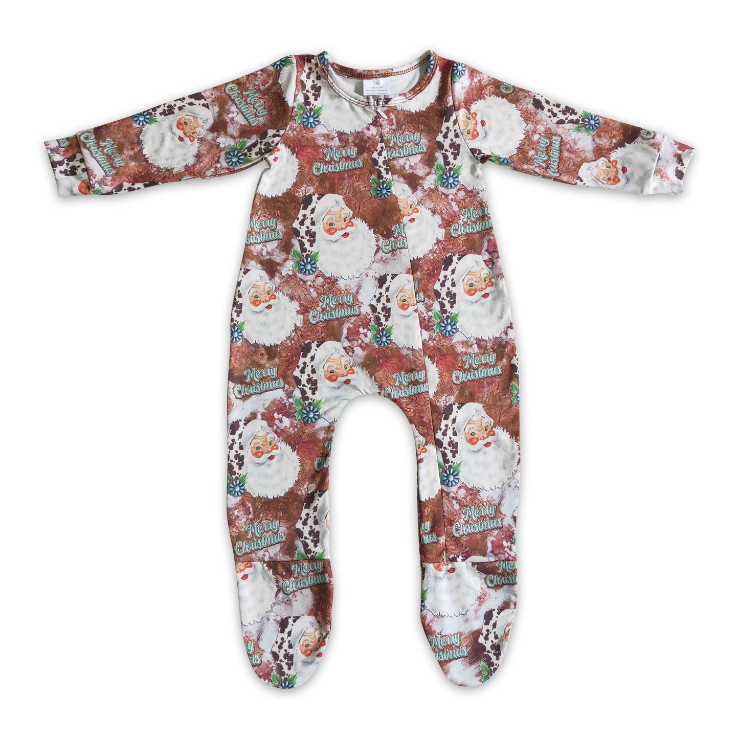 Cow turquoise santa baby Christmas zipper footed coverall