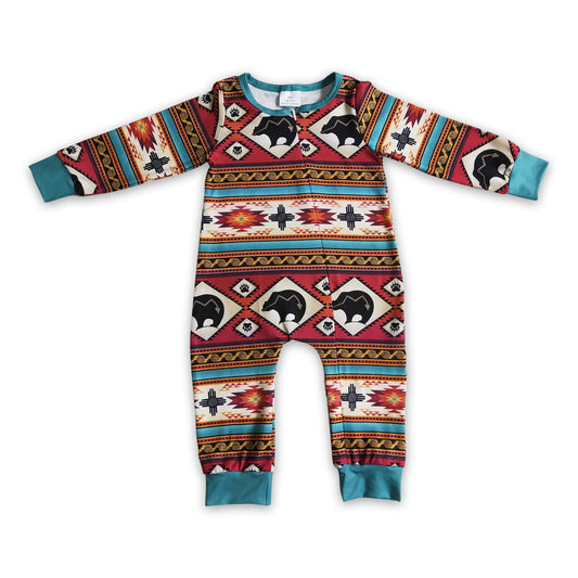Cow aztec zipper baby boy western romper