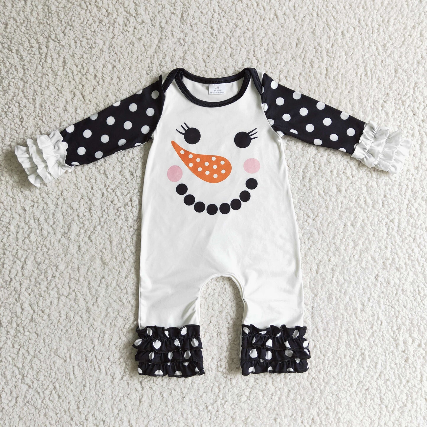 Snowman black polka dots baby girls winter romper