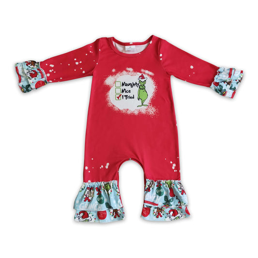 Naughty or nice green face baby girls Christmas romper