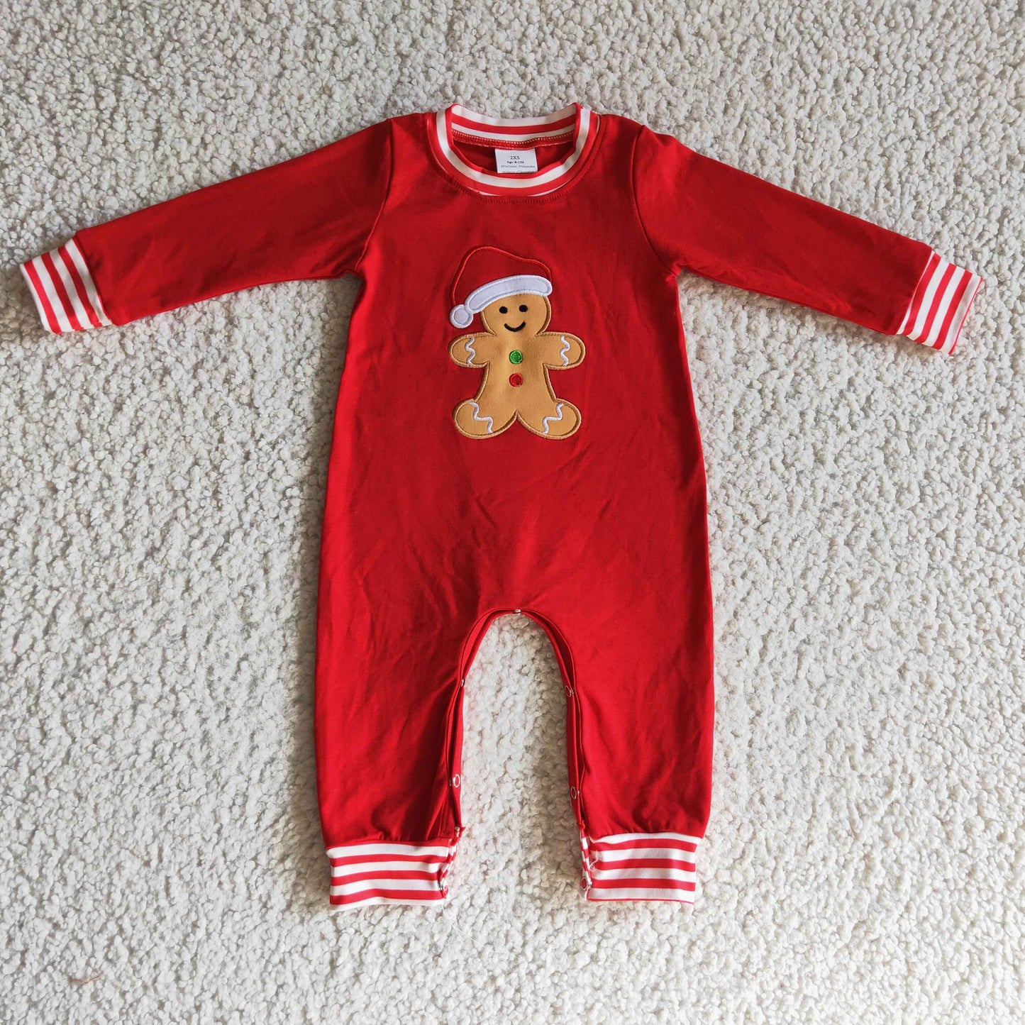 Gingerbread embroidery red stripe baby boy Christmas romper