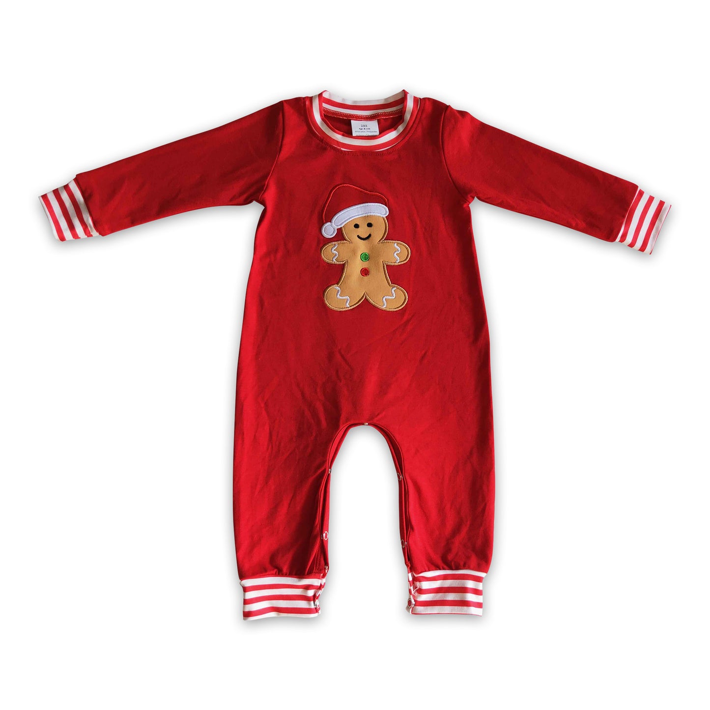 Gingerbread embroidery red stripe baby boy Christmas romper