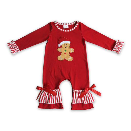 Gingerbread embroidery red stripe baby girl Christmas romper