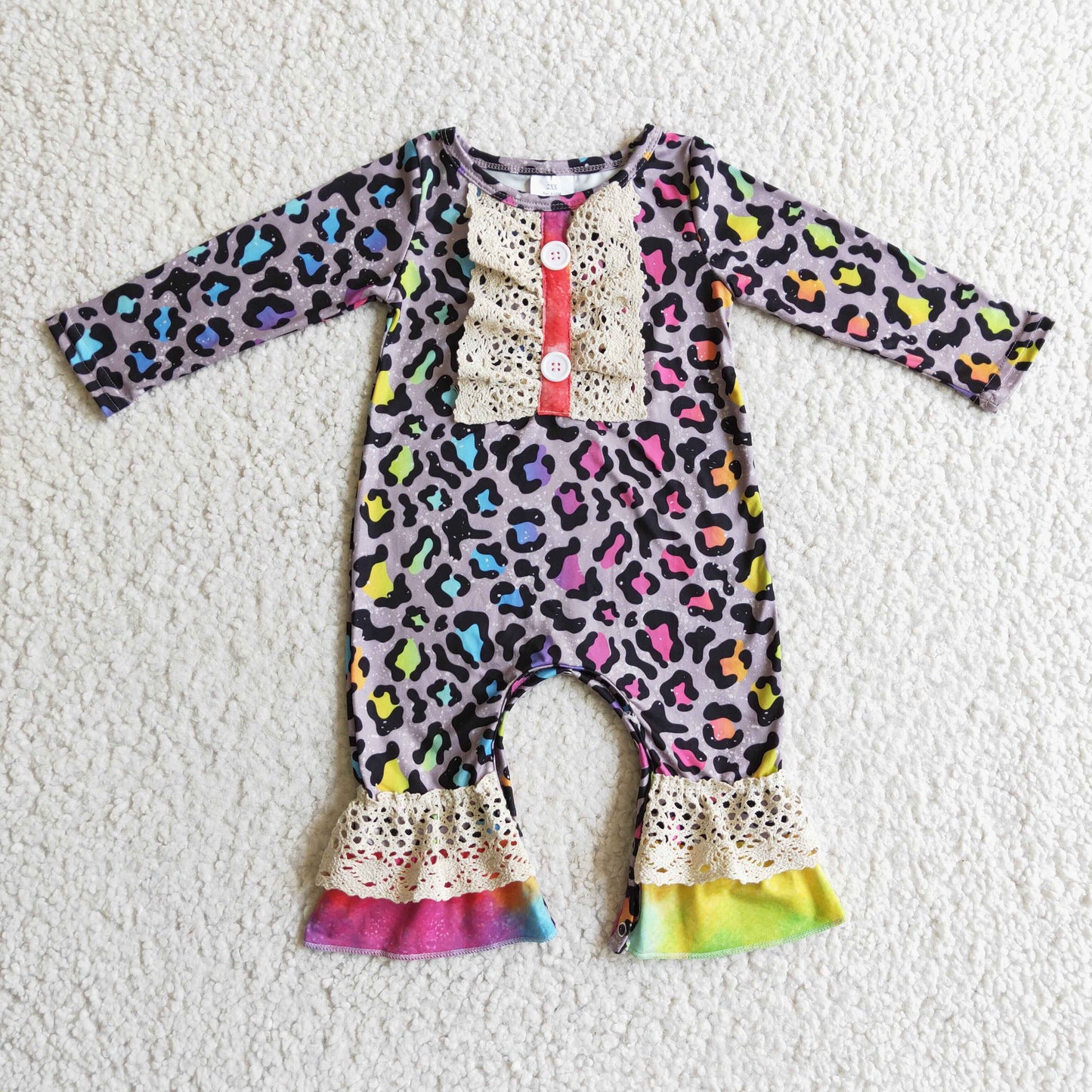 Long sleeves colorful leopard lace ruffles baby romper