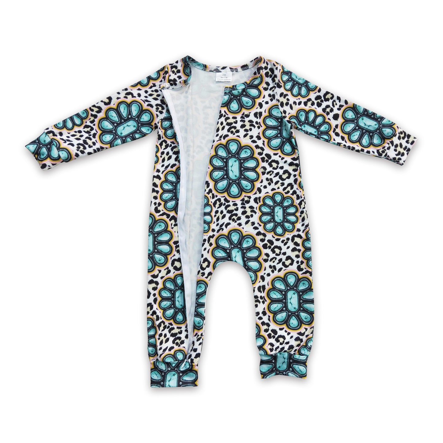 Turquoise leopard baby kids western footed zipper coverall