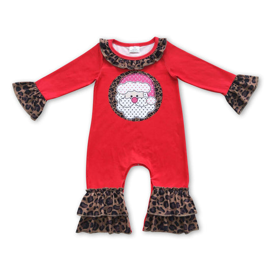 Santa leopard ruffle baby girls Christmas romper