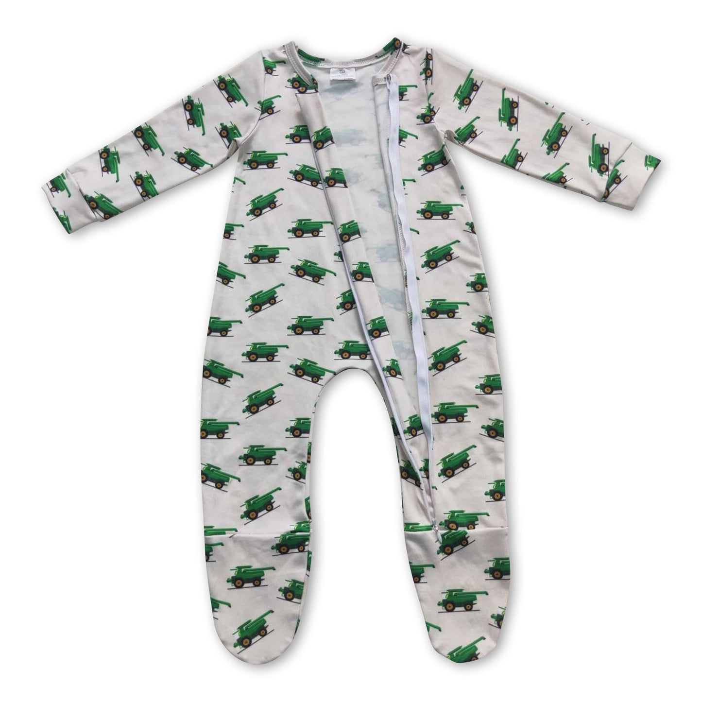 Green tractor long sleeves baby boy zipper footed coverall