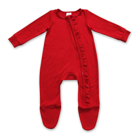 Red baby girls ruffle footed zipper Christmas coveralls