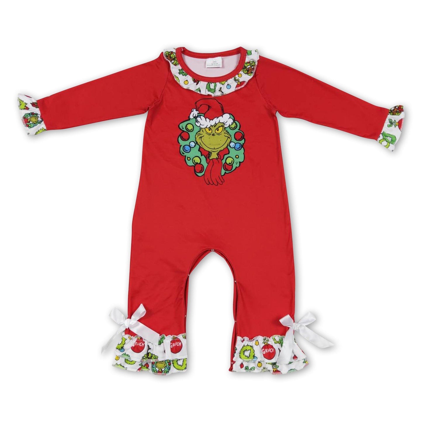 Green face jingle bell red baby girls Christmas romper