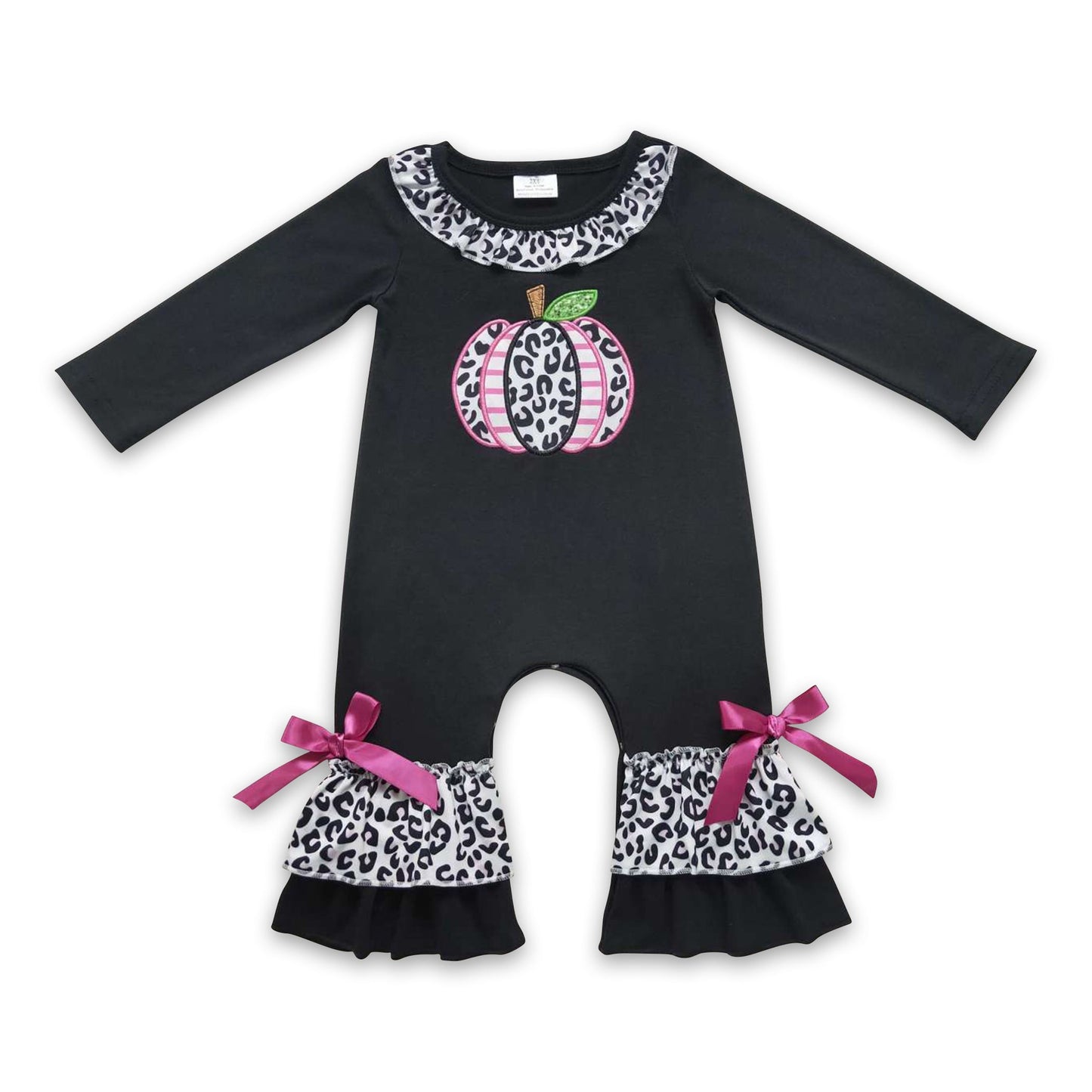 Black pumpkin leopard ruffle baby girls fall romper