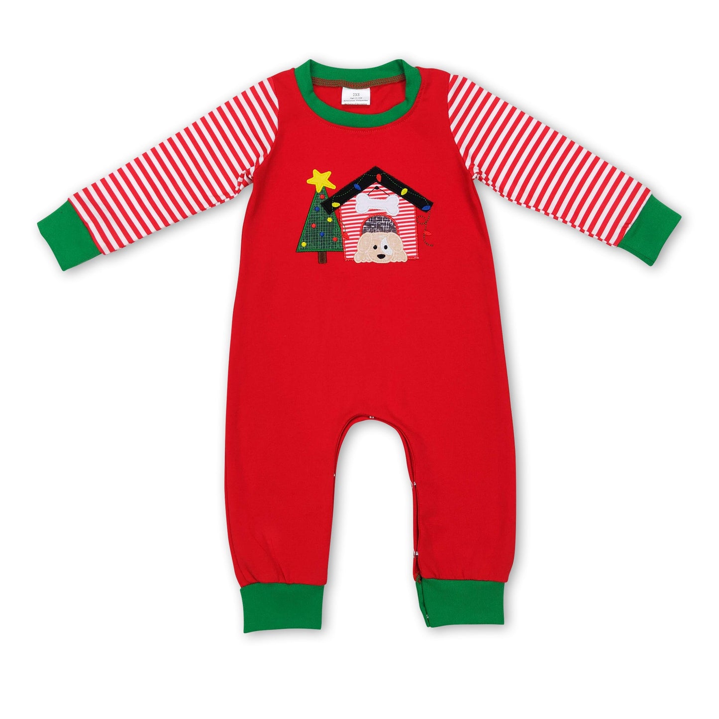 Stripe long sleeves dog Christmas tree house boy romper