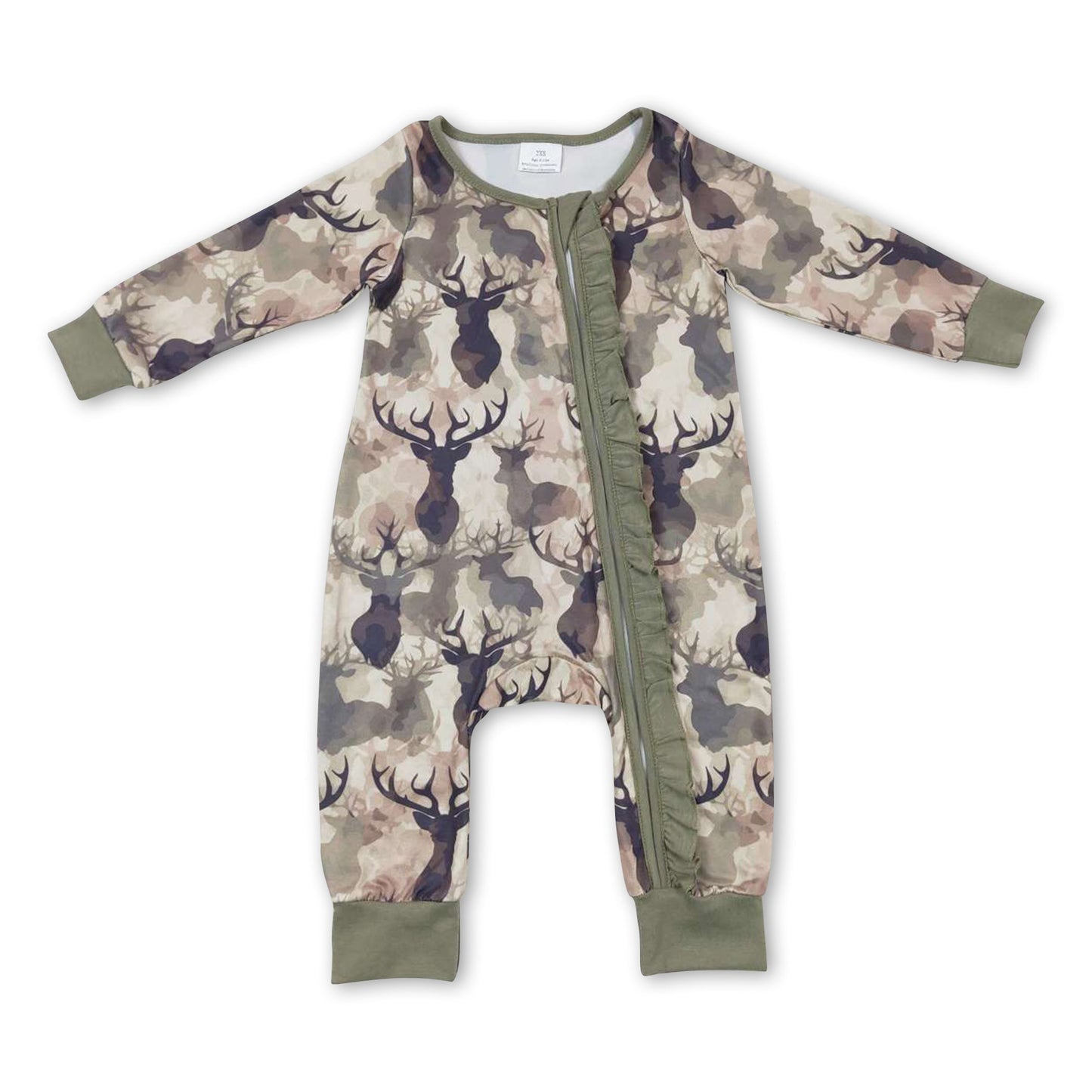 Deer camo long sleeves ruffle baby girls zipper romper