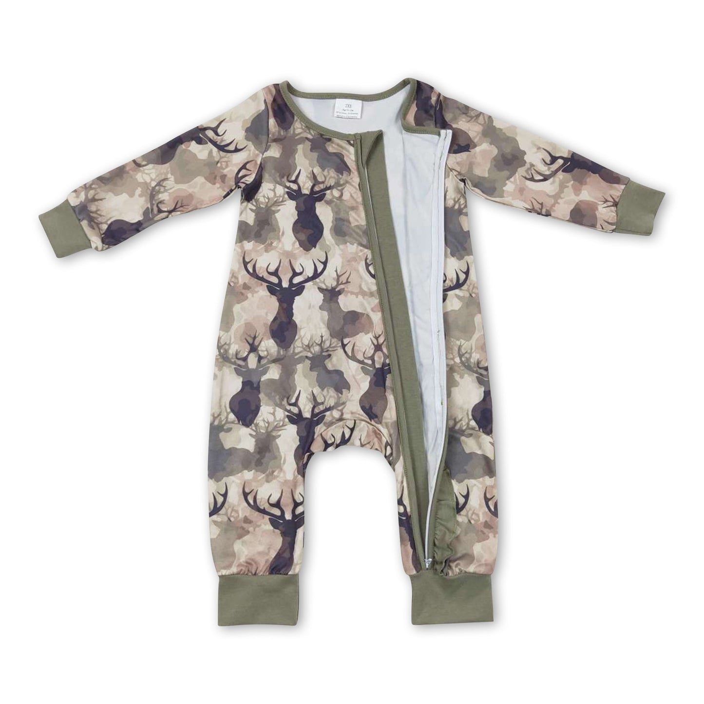 Deer camo long sleeves ruffle baby girls zipper romper