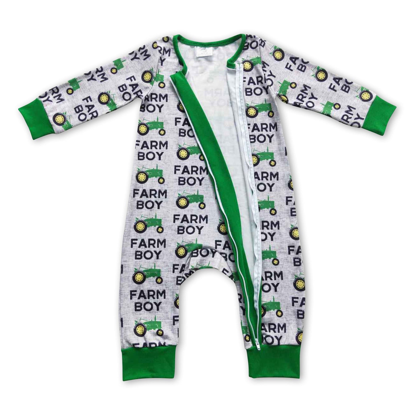 Green tractor farm boy ruffle baby zipper romper