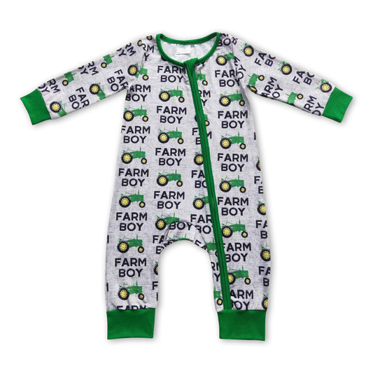 Green tractor farm boy ruffle baby zipper romper