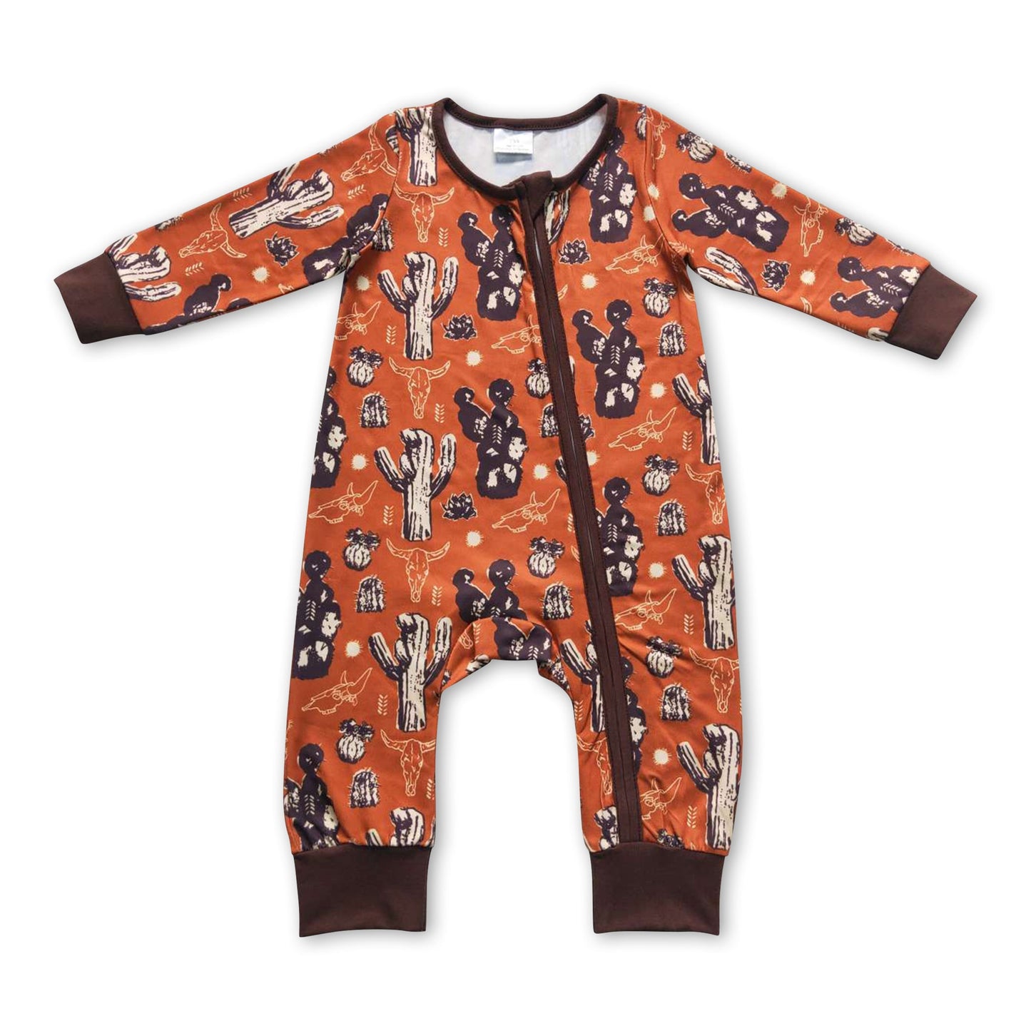 Brown cactus long sleeves baby kids zipper romper