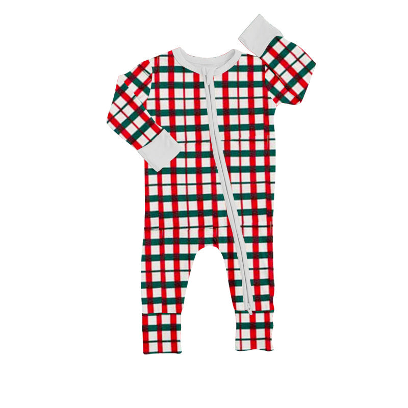 Red green plaid baby kids Christmas zipper romper