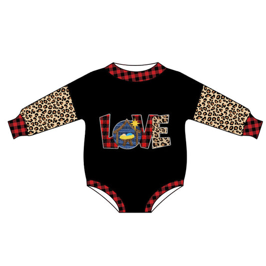 Love leopard plaid nativity girls Christmas romper