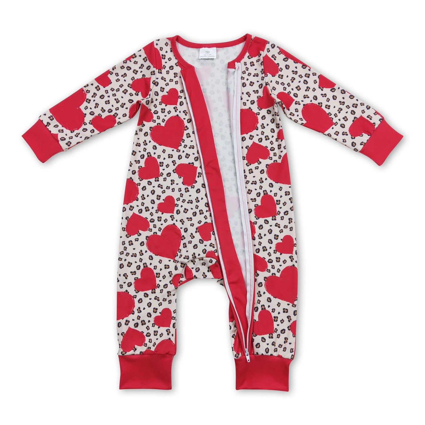 Long sleeves heart leopard baby girls Valentine's zipper romper