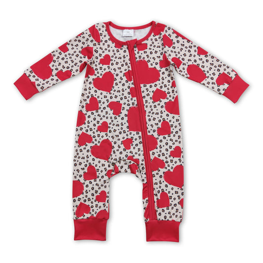 Long sleeves heart leopard baby girls Valentine's zipper romper