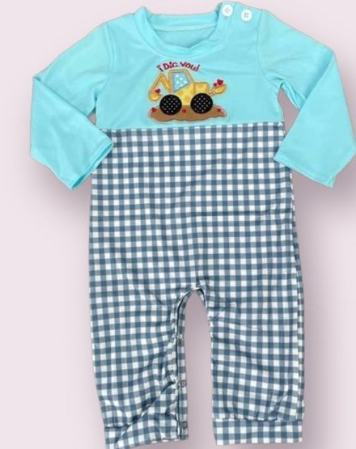 I dig you excavator plaid baby boy valentine's romper