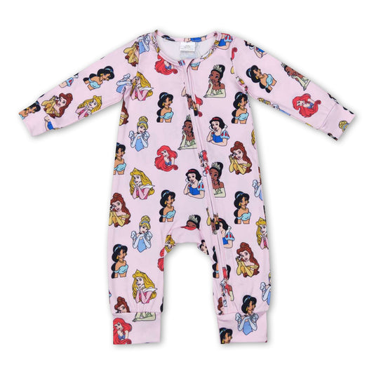 Long sleeves pink princess baby girls zipper romper