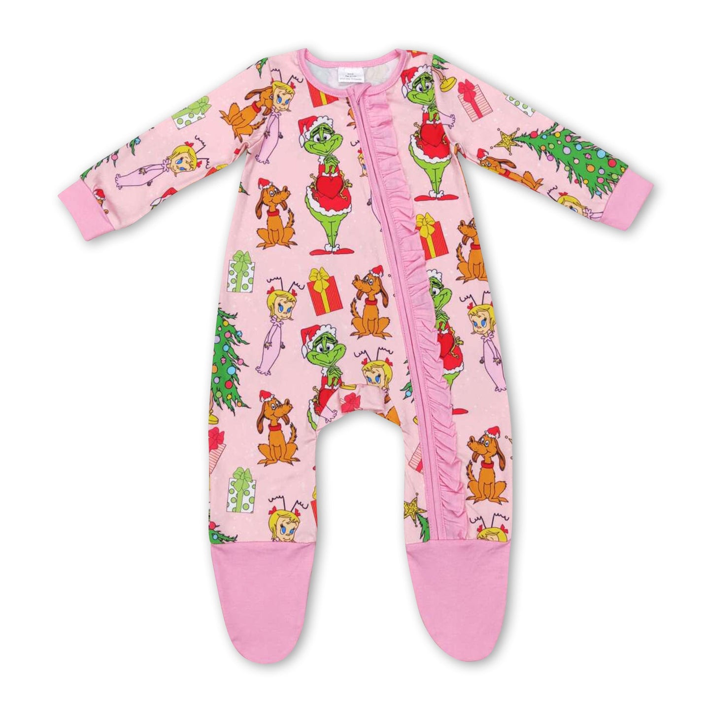 Pink green face Christmas tree gift baby zipper footed coveralls