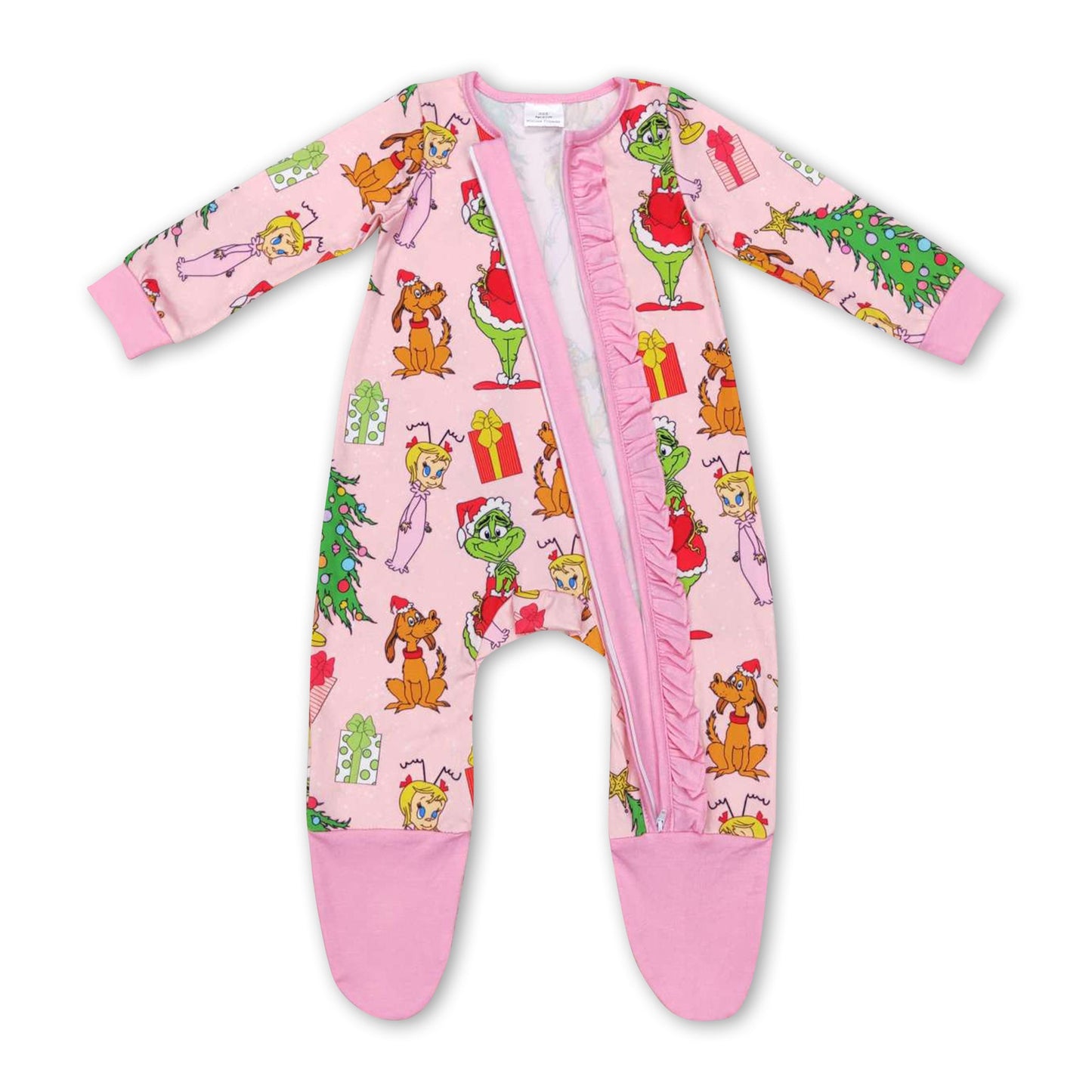 Pink green face Christmas tree gift baby zipper footed coveralls