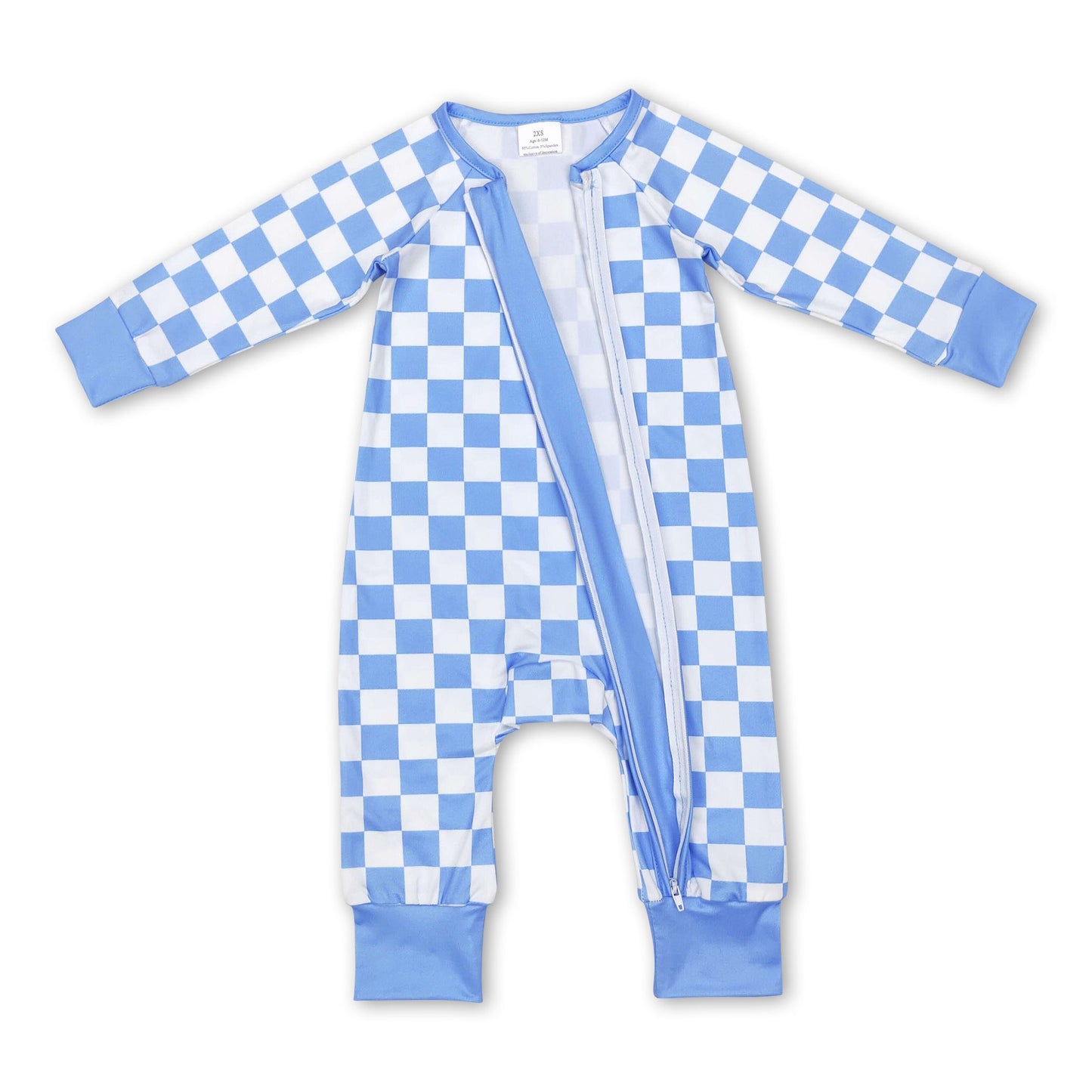 Blue plaid long sleeves baby kids zipper romper