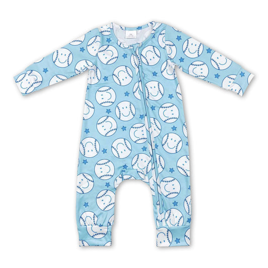 Blue baseball star smile baby boys zipper romper