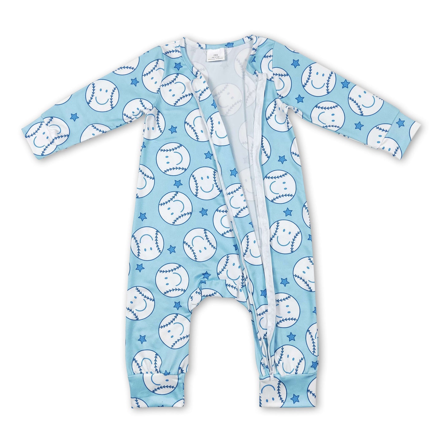 Blue baseball star smile baby boys zipper romper