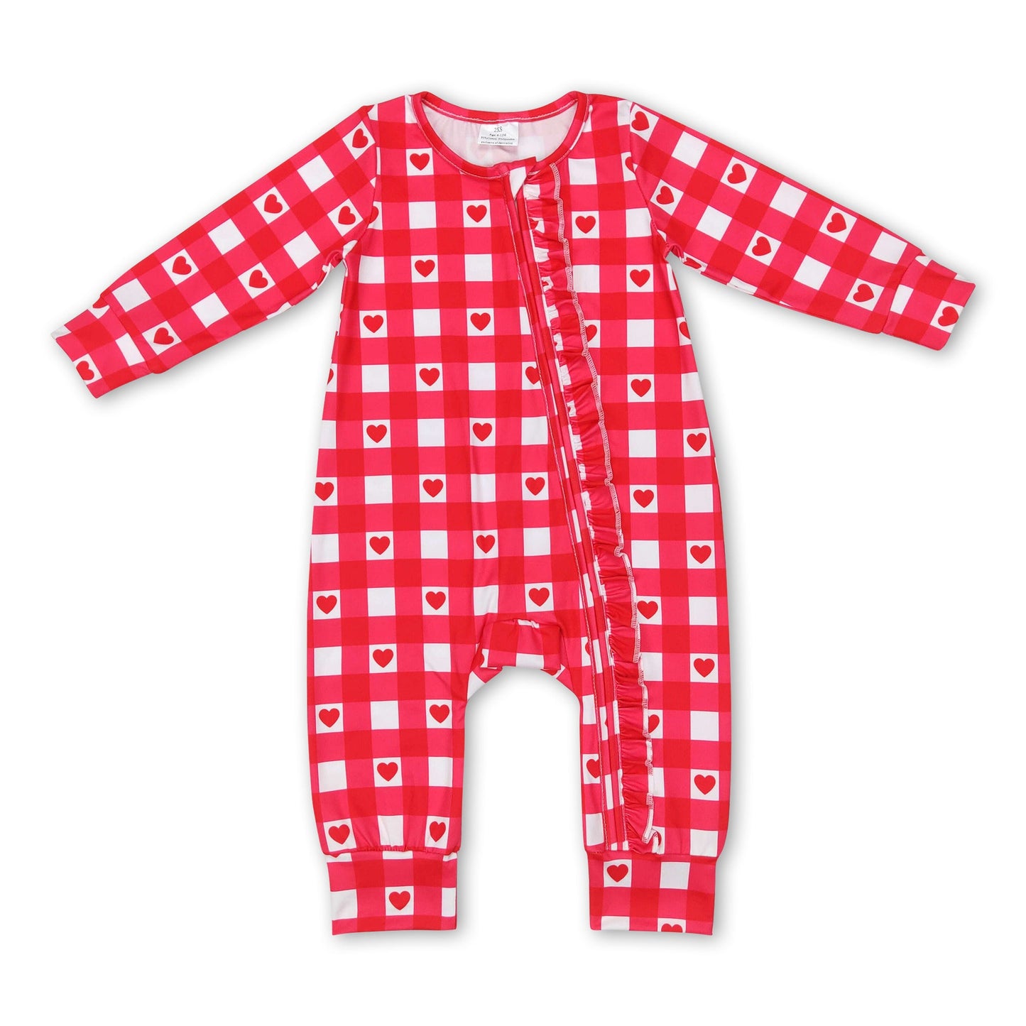 Red plaid heart baby girls ruffle valentine's zipper romper