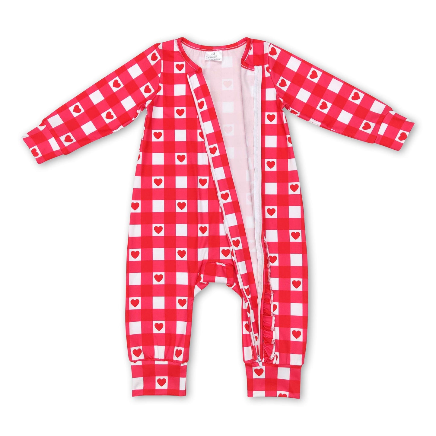 Red plaid heart baby girls ruffle valentine's zipper romper