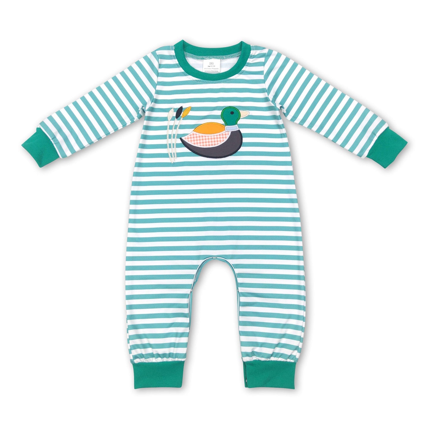 Green stripe duck long sleeves baby boy romper