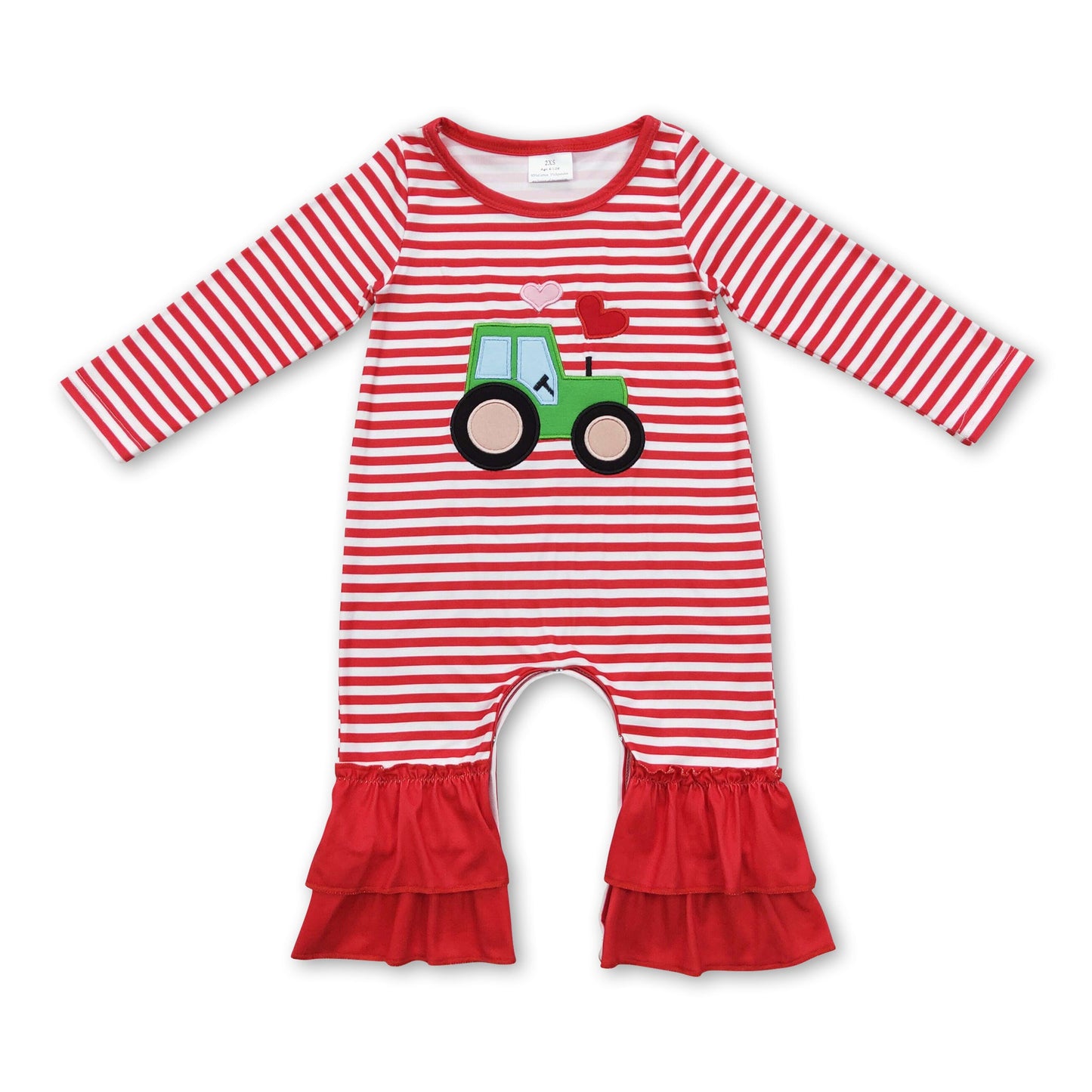 Red stripe long sleeves heart truck baby girls valentine's romper